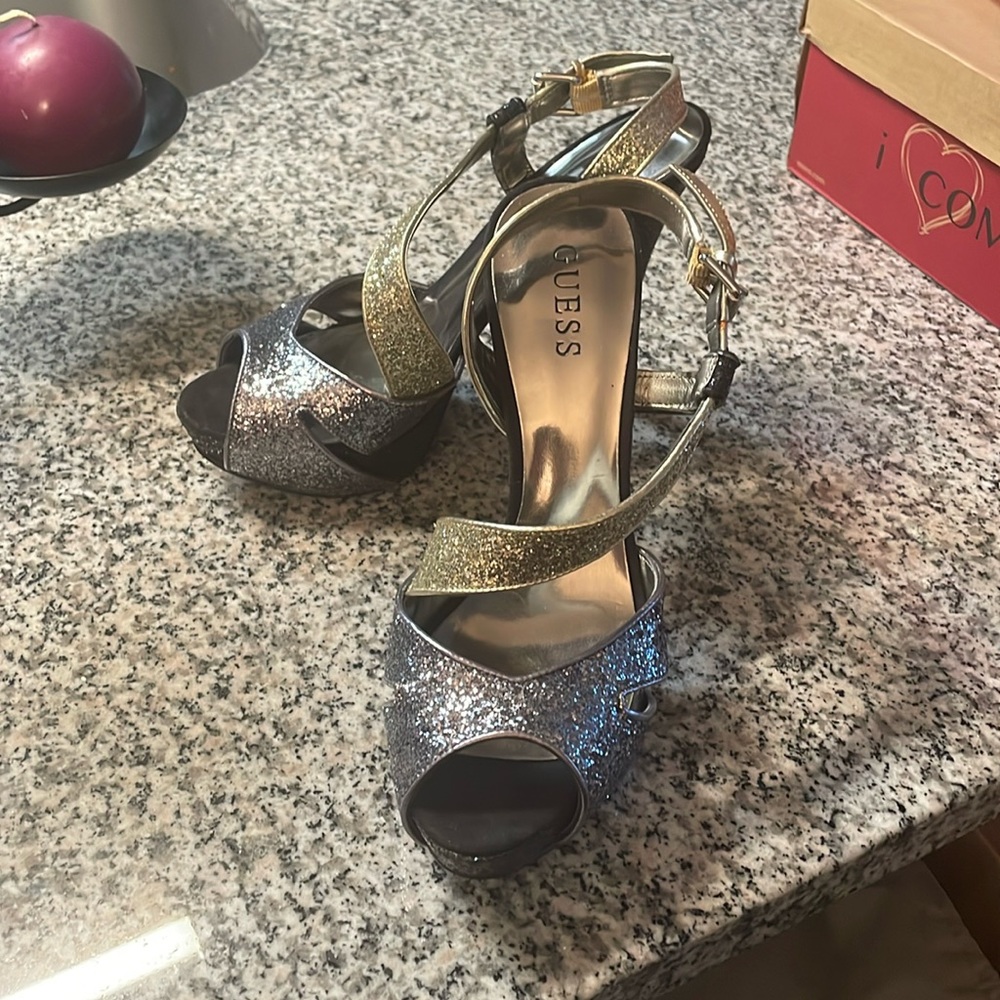 Black, gold, and silver sparkling heels